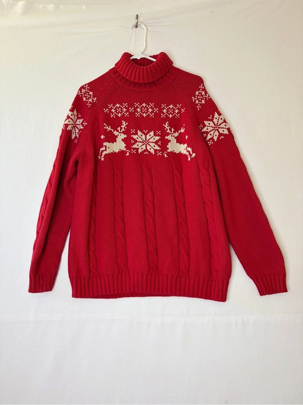 Lands' End Fair Isle Reindeer Turtleneck Sweater Cotton Red XL